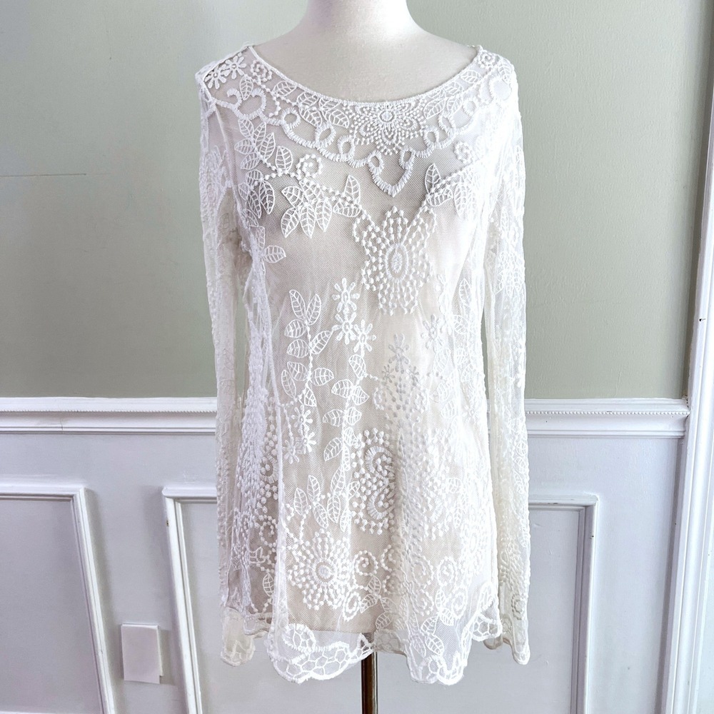 Pink Melo Lace Mesh Top L Women Sheer Floral Crochet White Boho Festival RSA2218